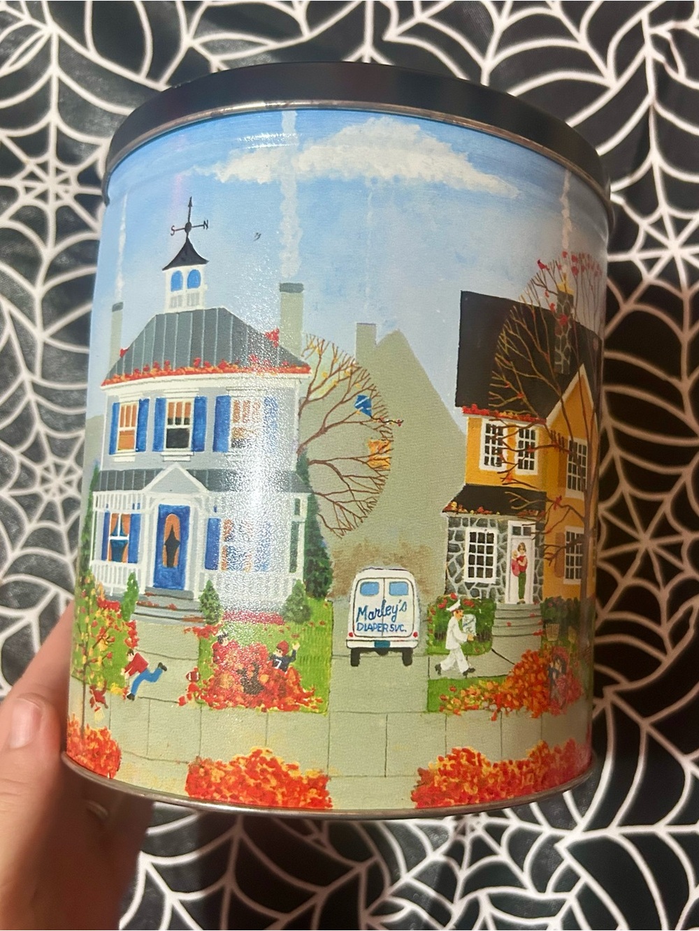 Vintage Decorative Fall Village Tin Canister -  House Scene
